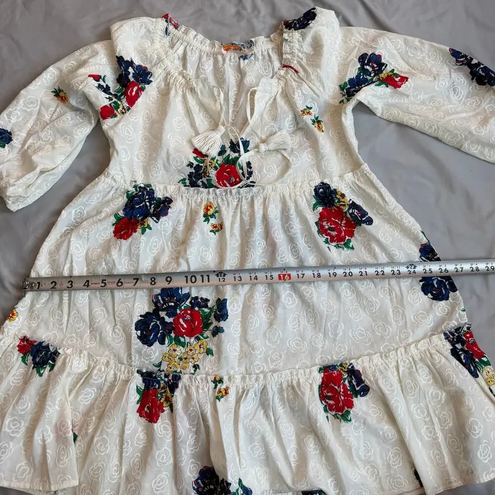 Tory Burch Ivory Floral Embroidered Peasant Tunic Dress Women's XS Long Sleeve